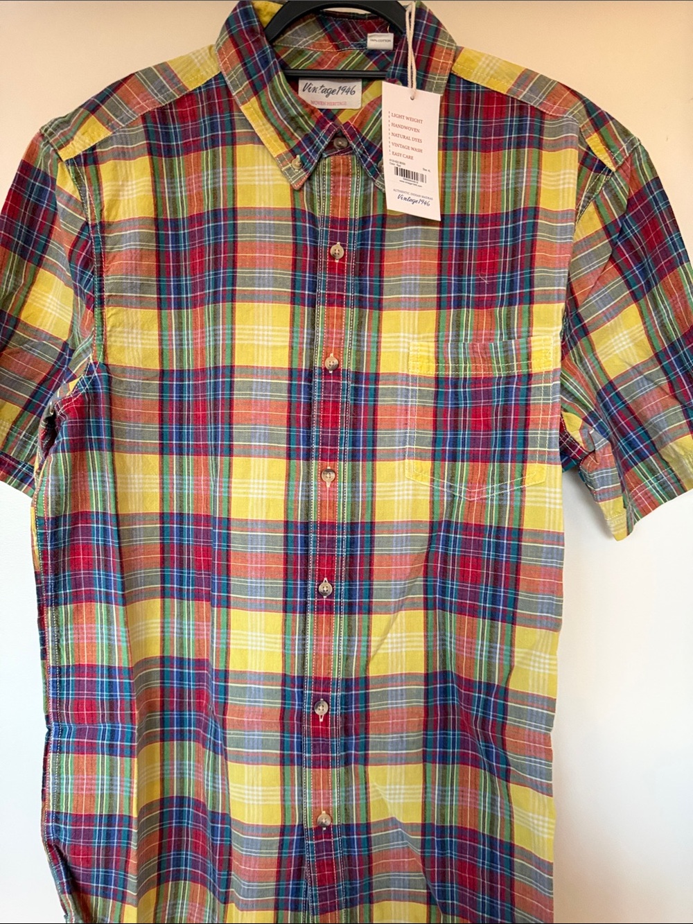 Vintage 1946 Men’s Yellow Red Blue Plaid Button-Down Shirt